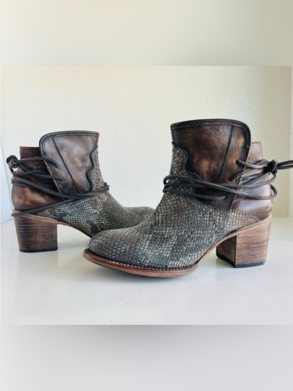 Freebird by Steven Metallic Gray and Distressed Brown Snake-Texture Ankle Boots - Picture 2 of 15